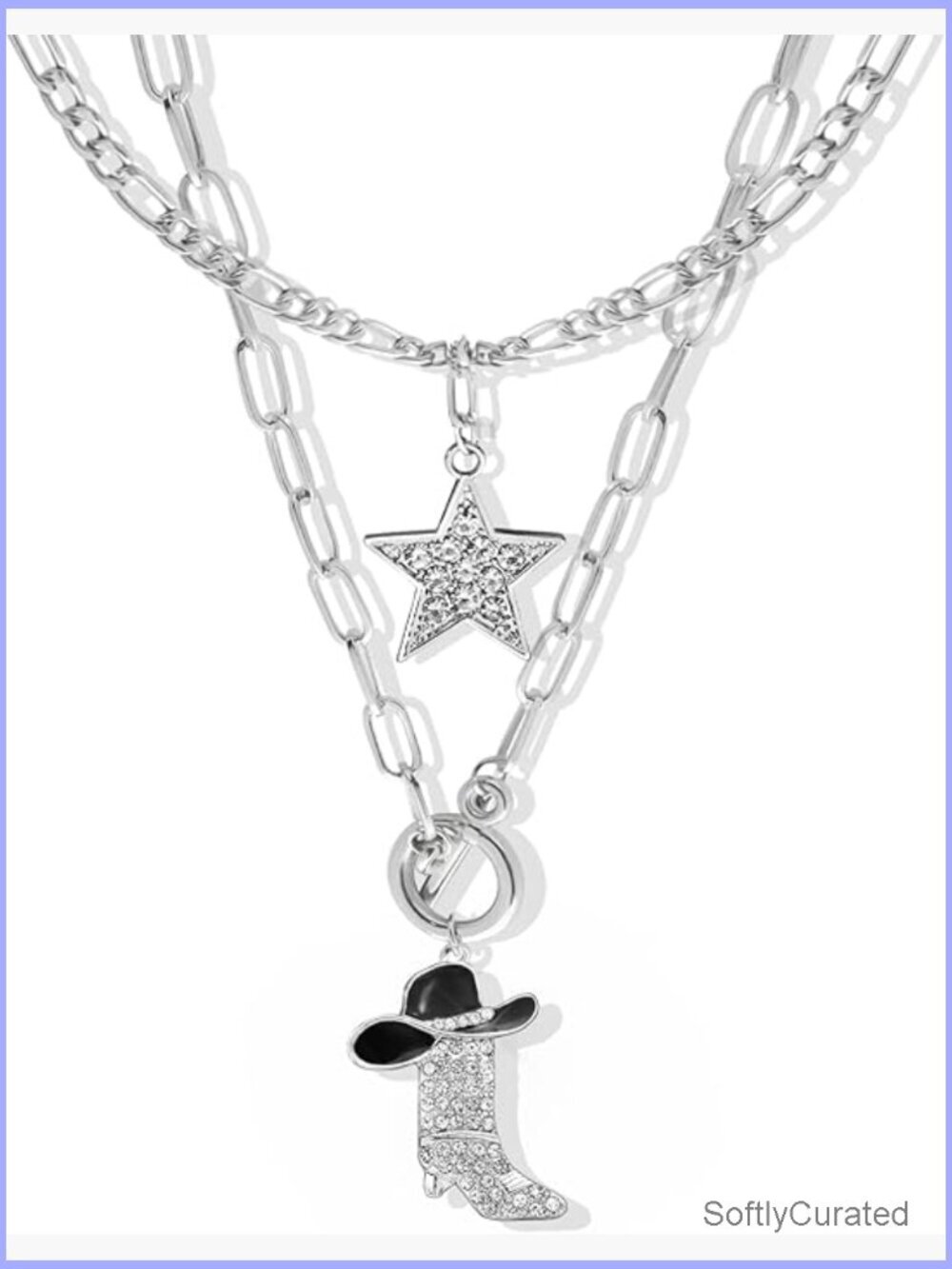 Western Cowgirl Boot Star Necklace Set Chunky Chain Rhinestone Stackable Jewelry